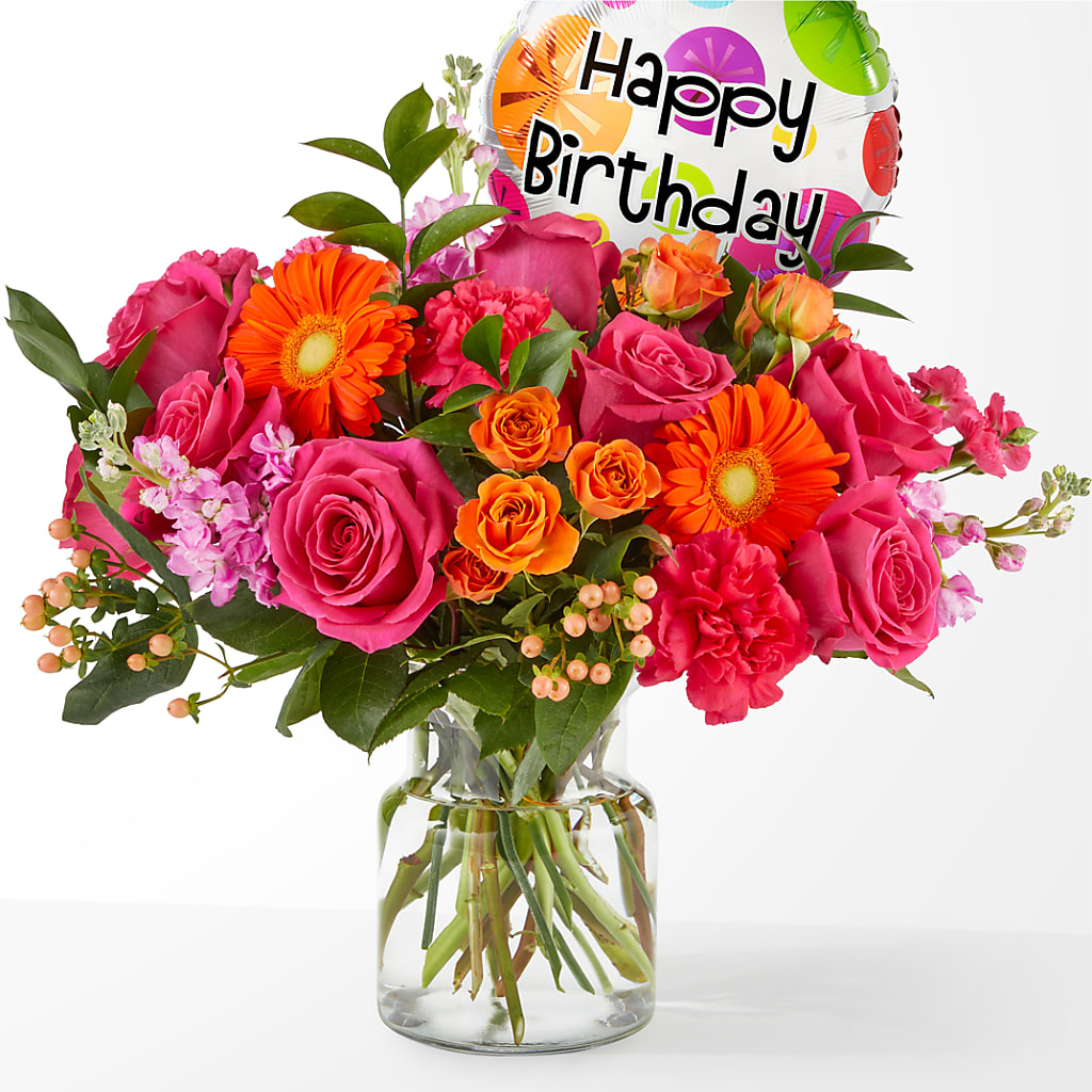 Fiesta Bouquet with Birthday Balloon – Meramec Florist, Steelville MO