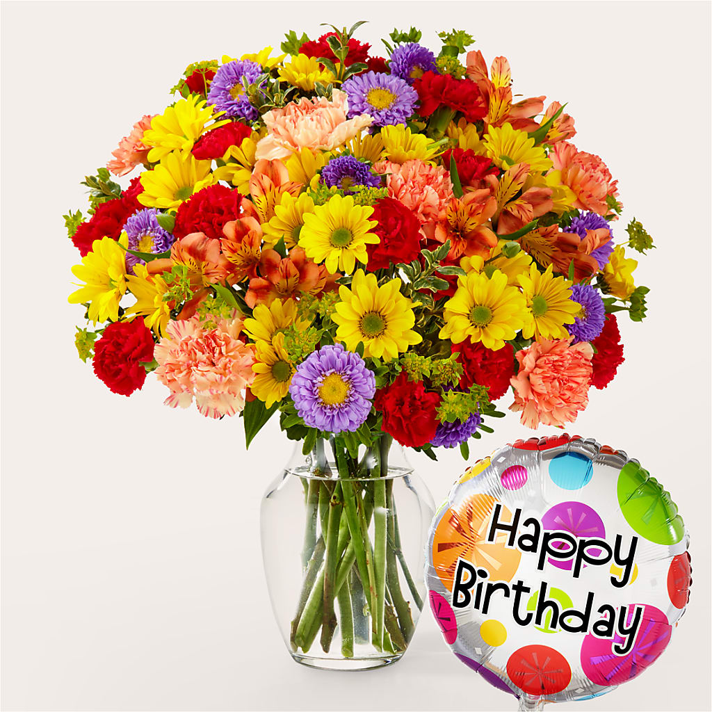 Kaleidoscope Bouquet with Birthday Balloon – Meramec Florist, Steelville MO