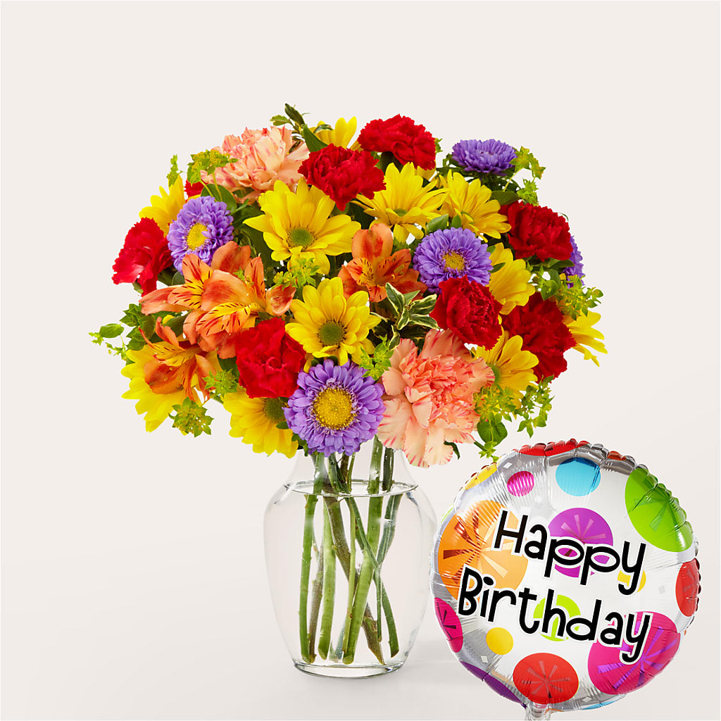 Kaleidoscope Bouquet with Birthday Balloon – Meramec Florist, Steelville MO