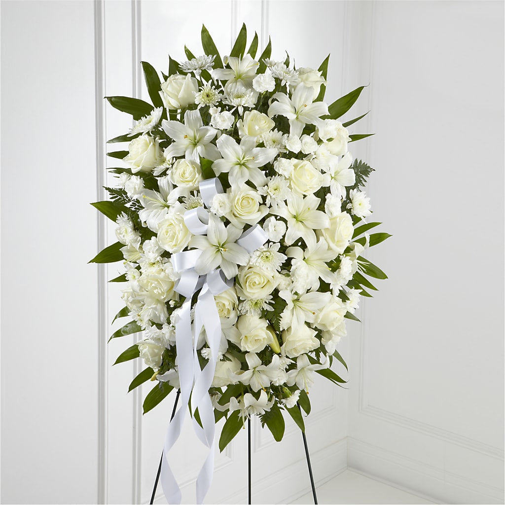 Exquisite Tribute Standing Spray-White Ribbon – Meramec Florist, Steelville MO