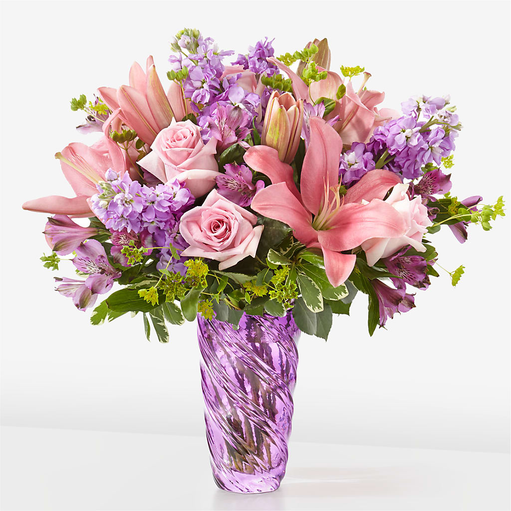 Precious Petals Bouquet with Luxe Swirl Vase – Meramec Florist, Steelville MO
