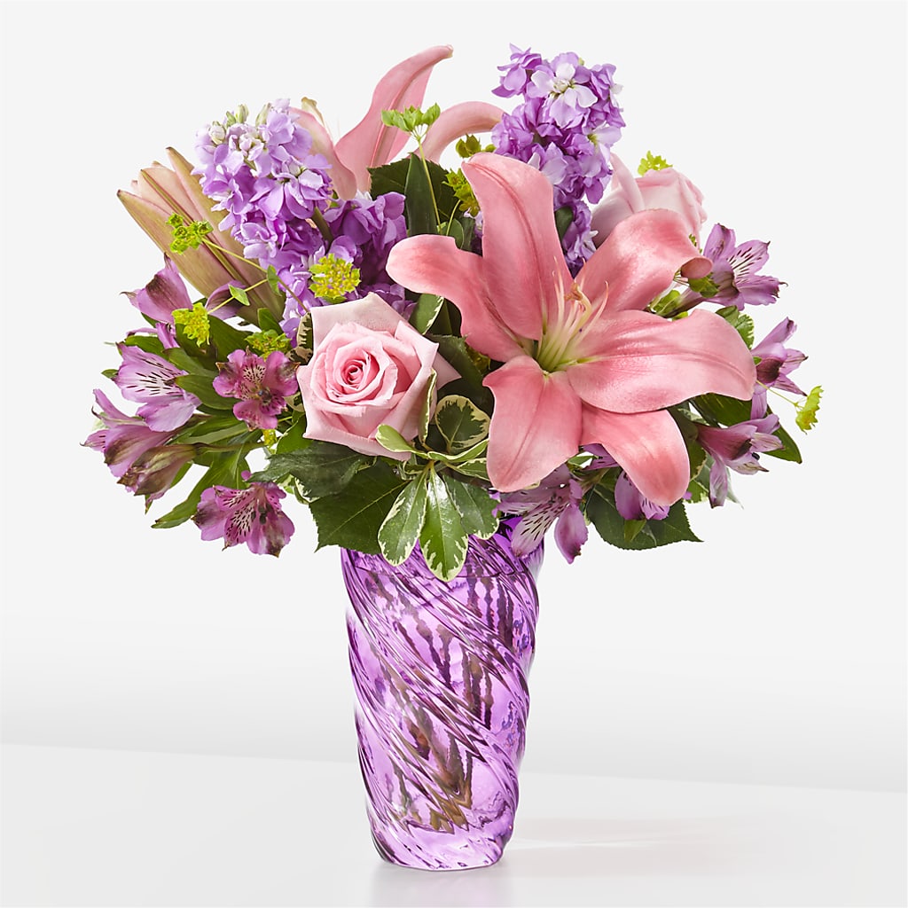 Precious Petals Bouquet with Luxe Swirl Vase – Meramec Florist, Steelville MO