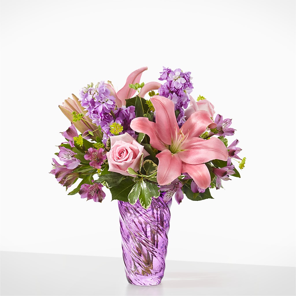 Precious Petals Bouquet with Luxe Swirl Vase – Meramec Florist, Steelville MO
